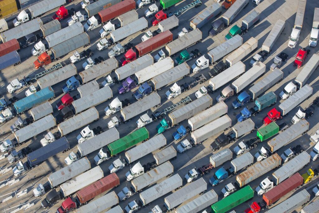 Many trucks queueing up to pay a toll